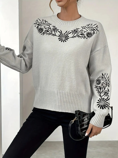 Elegant Embroidered Floral Knit Sweater for Women - Cozy Acrylic Pullover with Long Sleeves, Perfect for Fall & Winter MyFave Boutique