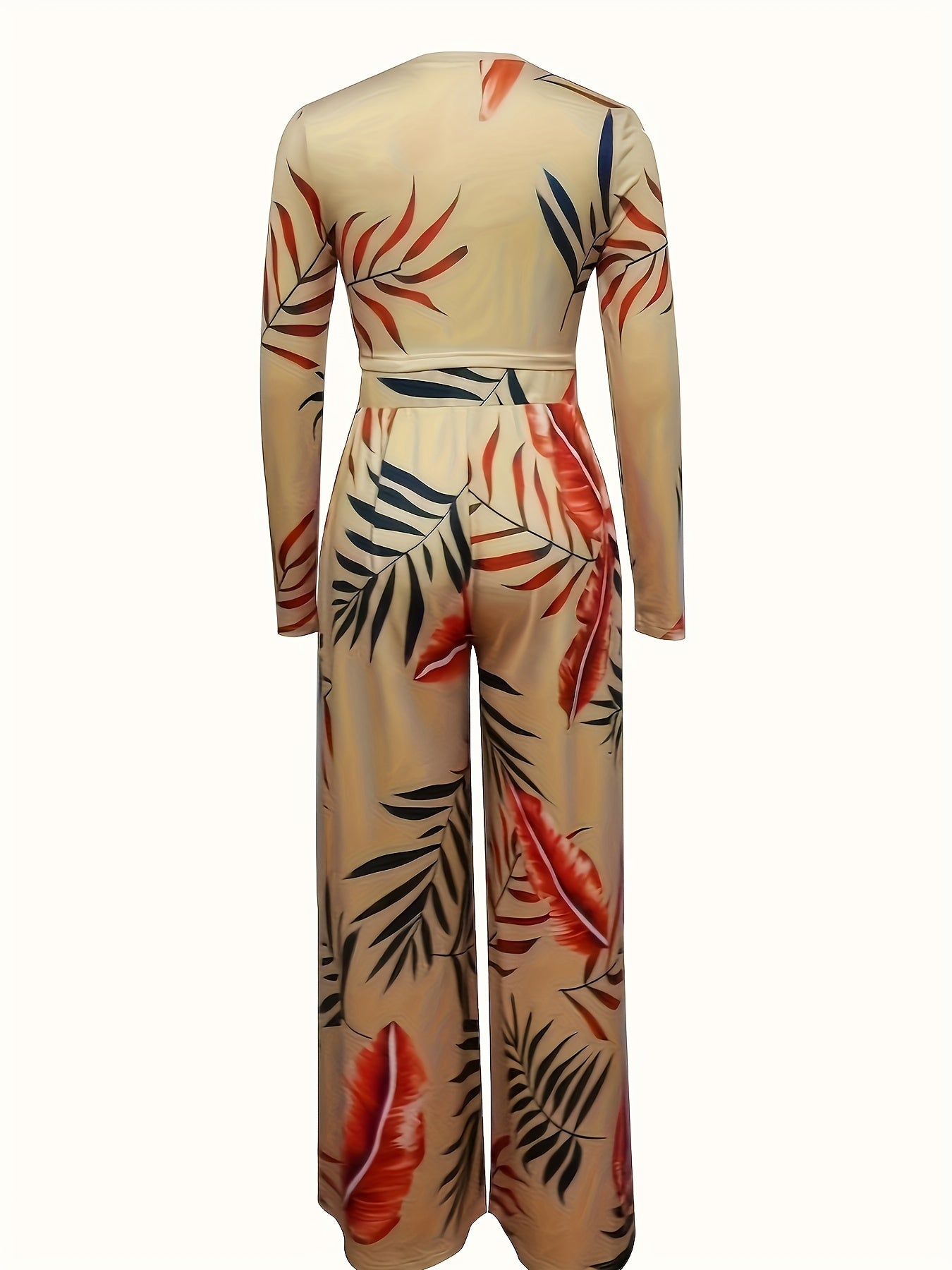 Vacation Style Leaf Print Pantsuits, Long Sleeve Slim Crop Top & High Waist Wide Leg Pants Outfits, Women's Clothing MyFave Boutique