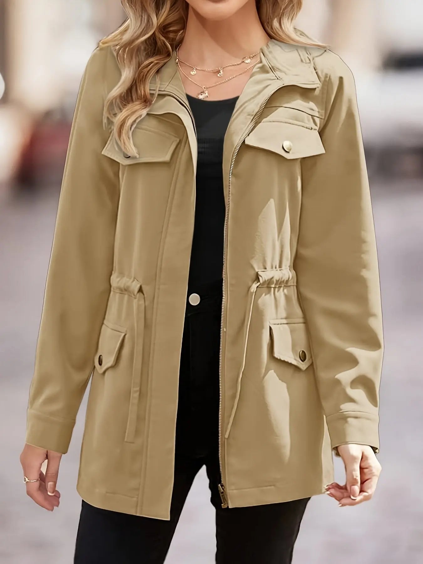 Women's Lightweight Military Jacket with Zip-Up, Drawstring, and Pockets MyFave Boutique