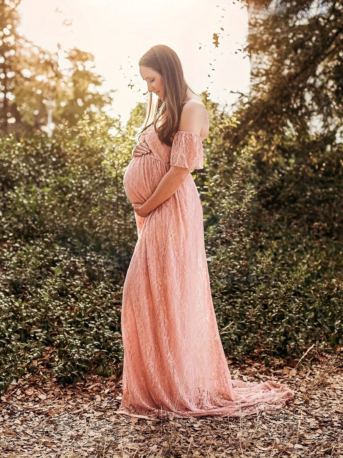 Elegant Maternity Lace Dress for Photography & Parties - Off-Shoulder, Flared, Long Length MyFave Boutique