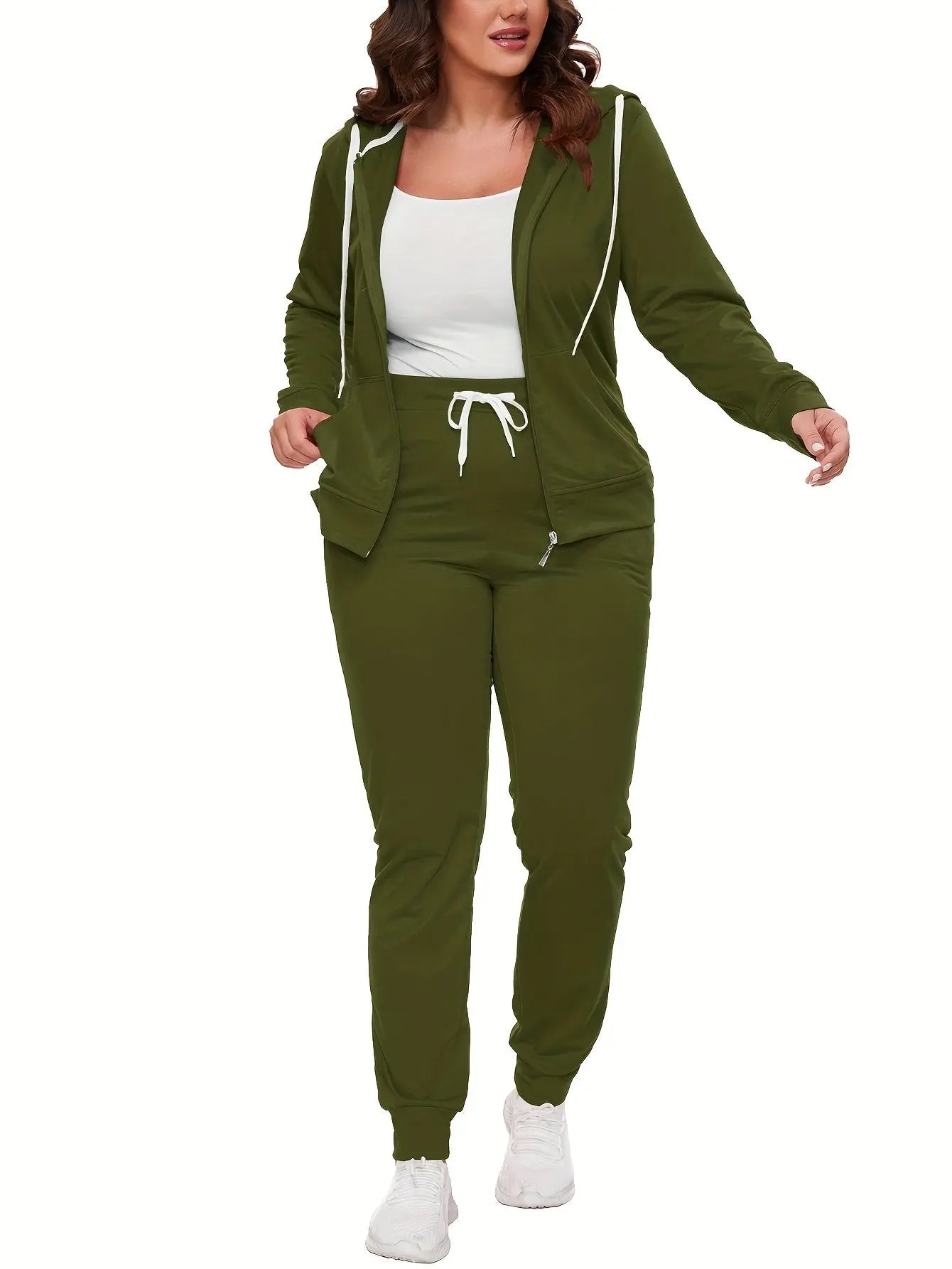 2 pcs Women's 2-Piece Solid Color Hoodie & Jogger Set, Long Sleeve Zip-up Hoodie & Drawstring Pants MyFave Boutique