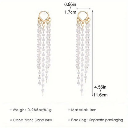 18K Gold Plated Copper Pearl Tassel Earrings - Elegant Boho Long Dangle Earrings with Heart Detail for Women - Versatile Daily and Vacation Accessory, No Feather, All Seasons MyFave Boutique