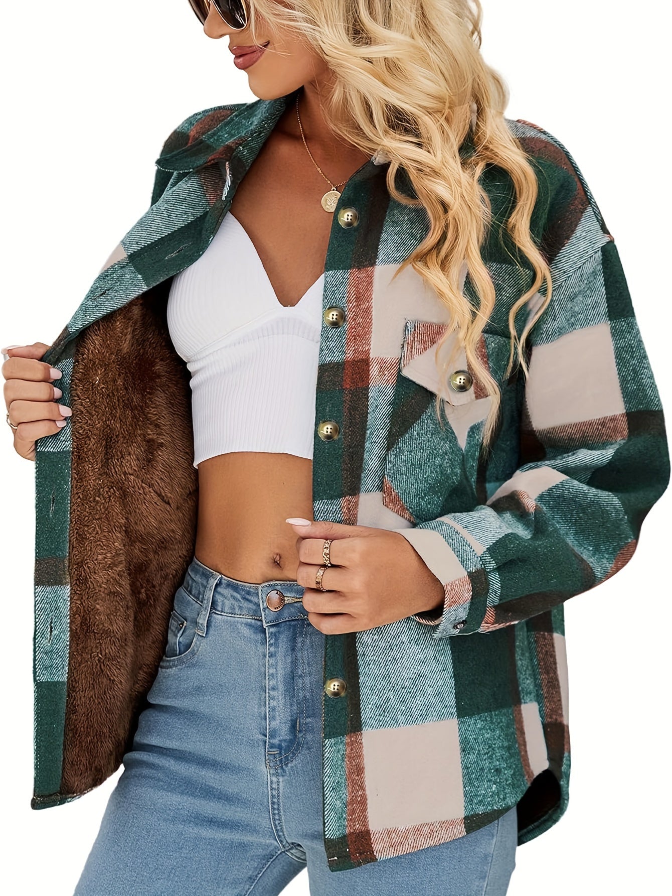 Plaid Print Button Front Jacket, Casual Lapel Neck Flap Pockets Long Sleeve Jacket For Winter & Fall, Women's Clothing MyFave Boutique