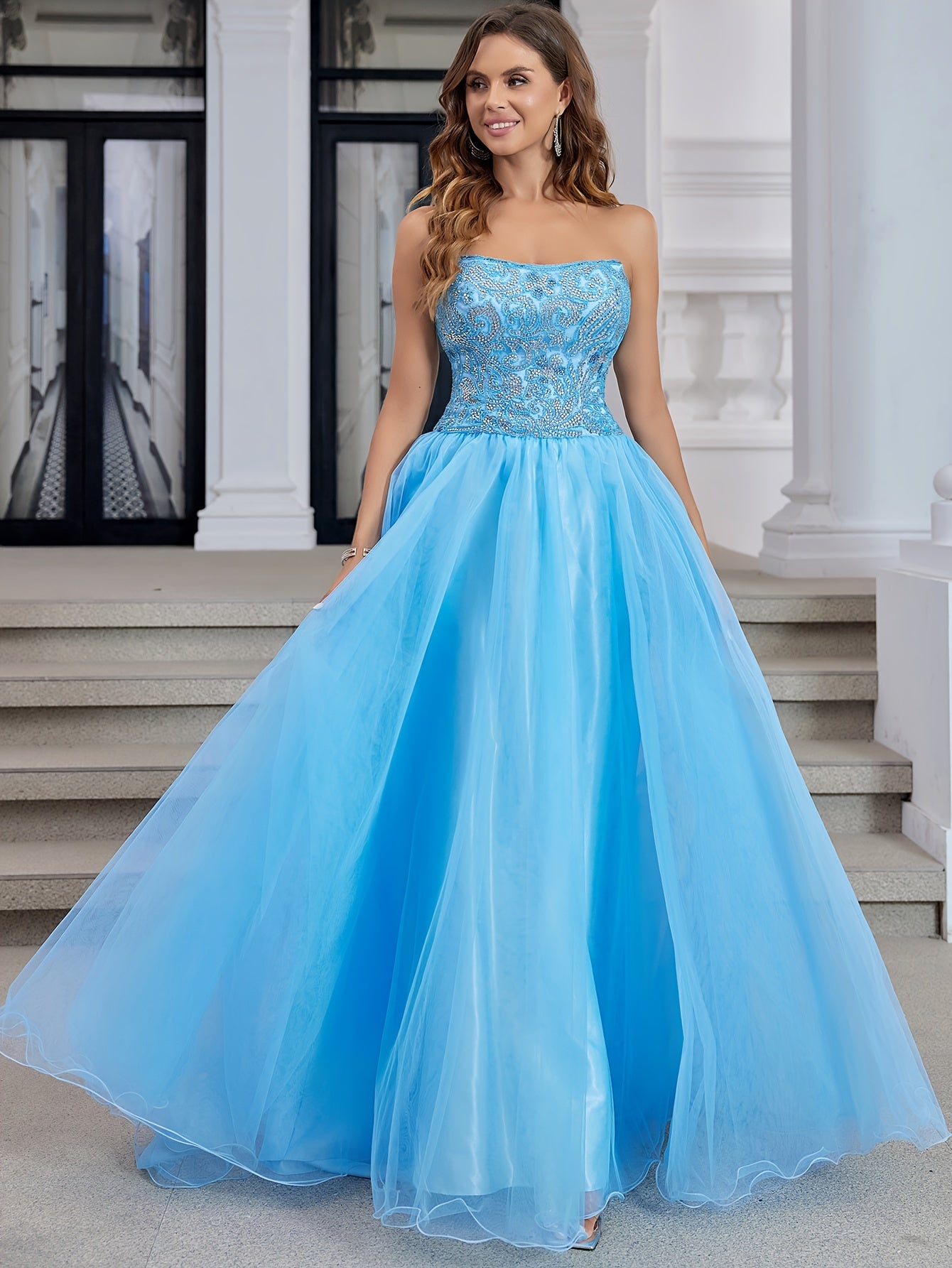 Luxury Crystal Hand Beading Formal Evening Dresses Long Ball Gown Tulle Homecoming Prom Party Gowns For Teens Strapless Lace Up Back Prom Dresses Long Floor Length MyFave Boutique