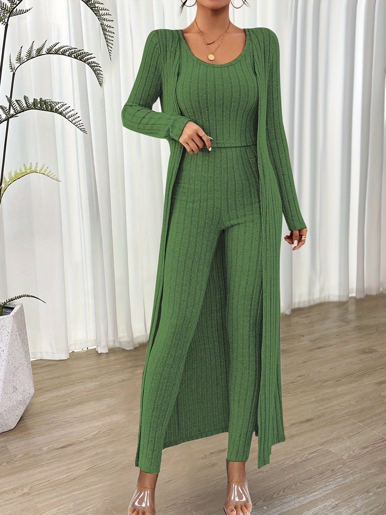 Ribbed Solid Three-piece Set, Crop Tank Top & Long Sleeve Cardigan & High Waist Pants Outfits, Women's Clothing MyFave Boutique