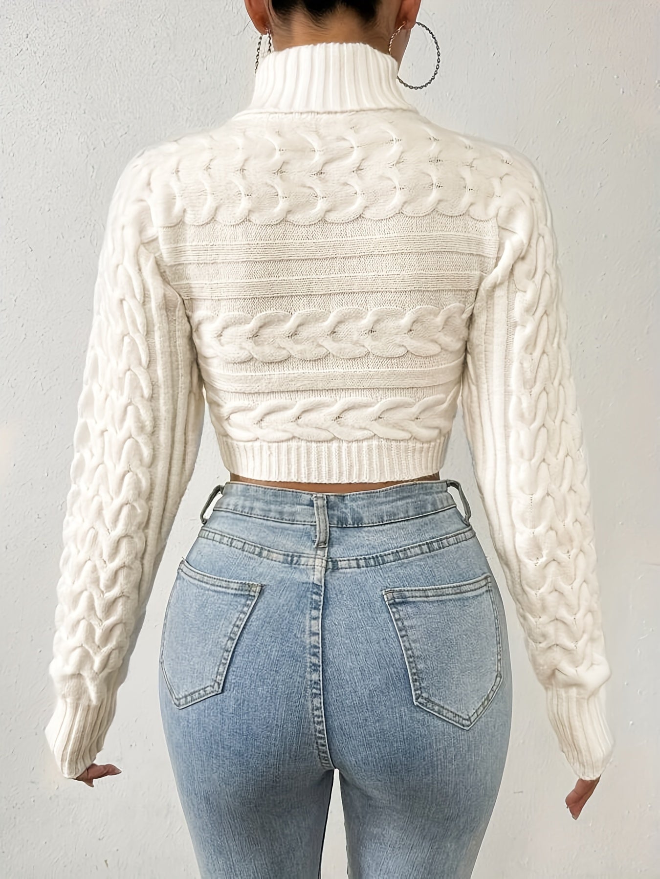 Crop Turtle Neck Slim Sweater, Elegant Long Sleeve Solid Color Sweater For Fall & Winter, Women's Clothing MyFave Boutique