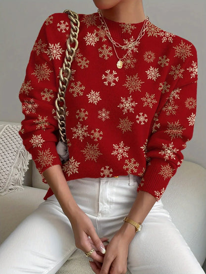 Snowflake Print Crew Neck Sweater, Casual Long Sleeve Sweater For Fall & Winter, Women's Clothing MyFave Boutique