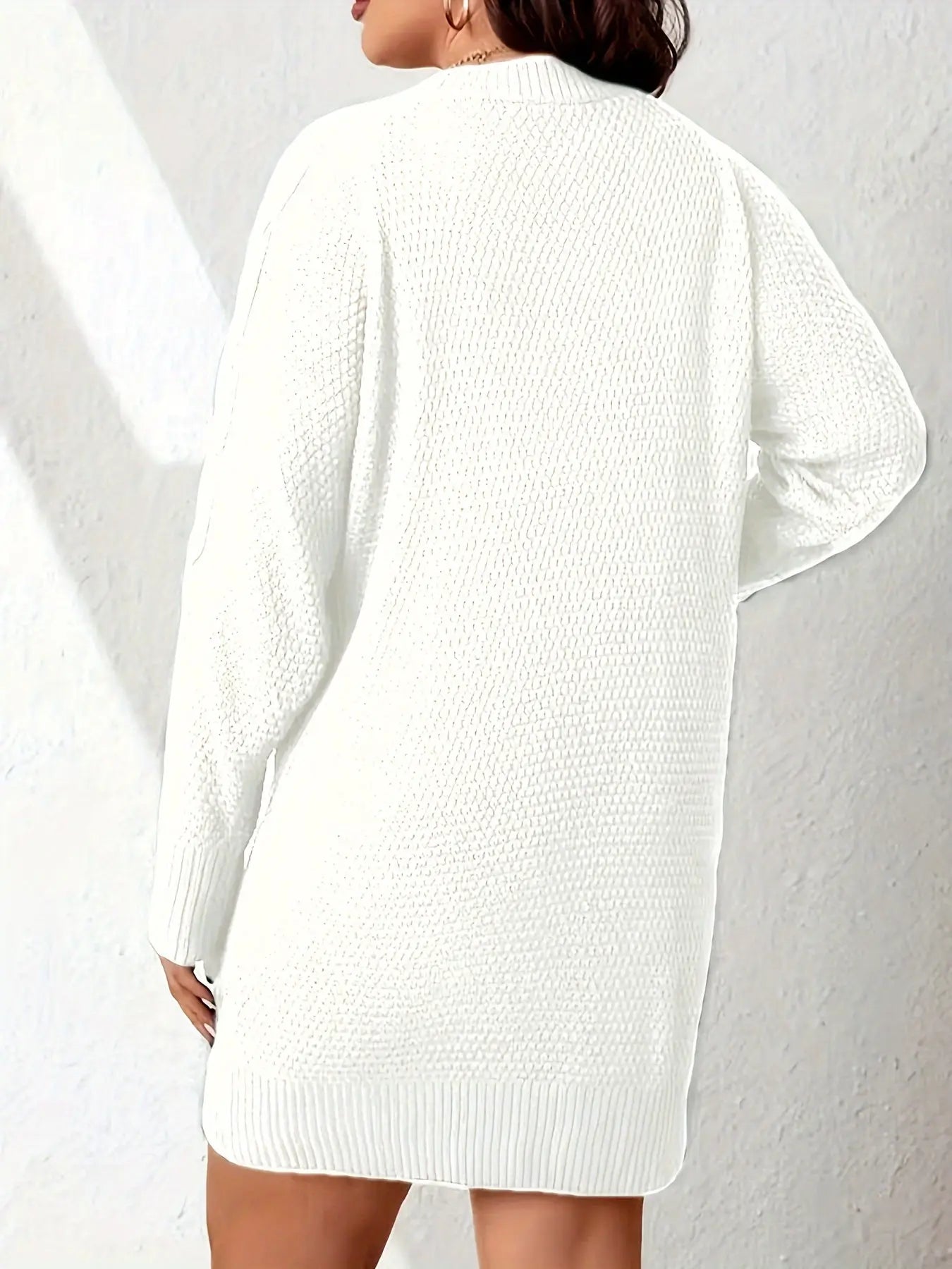 Elegant Crew Neck Cable Knit Sweater Dress for Women - Polyester Blend, Lantern Sleeve, Midi Length, Twist Detail, Fall/Winter Season, Solid Color, Knitted Pullover Midi Dress MyFave Boutique