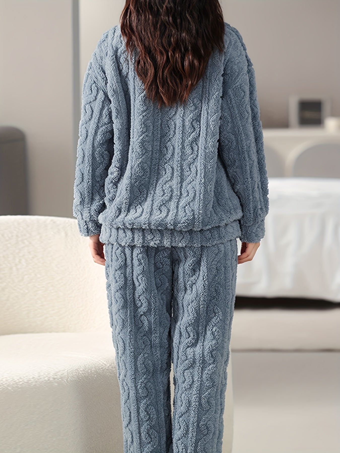 Women's Cute Bear & Letter Pattern Jacquard Fleece Thick Pajama Set, Long Sleeve Round Neck Top & Pants, Comfortable Relaxed Fit For Fall & Winter MyFave Boutique