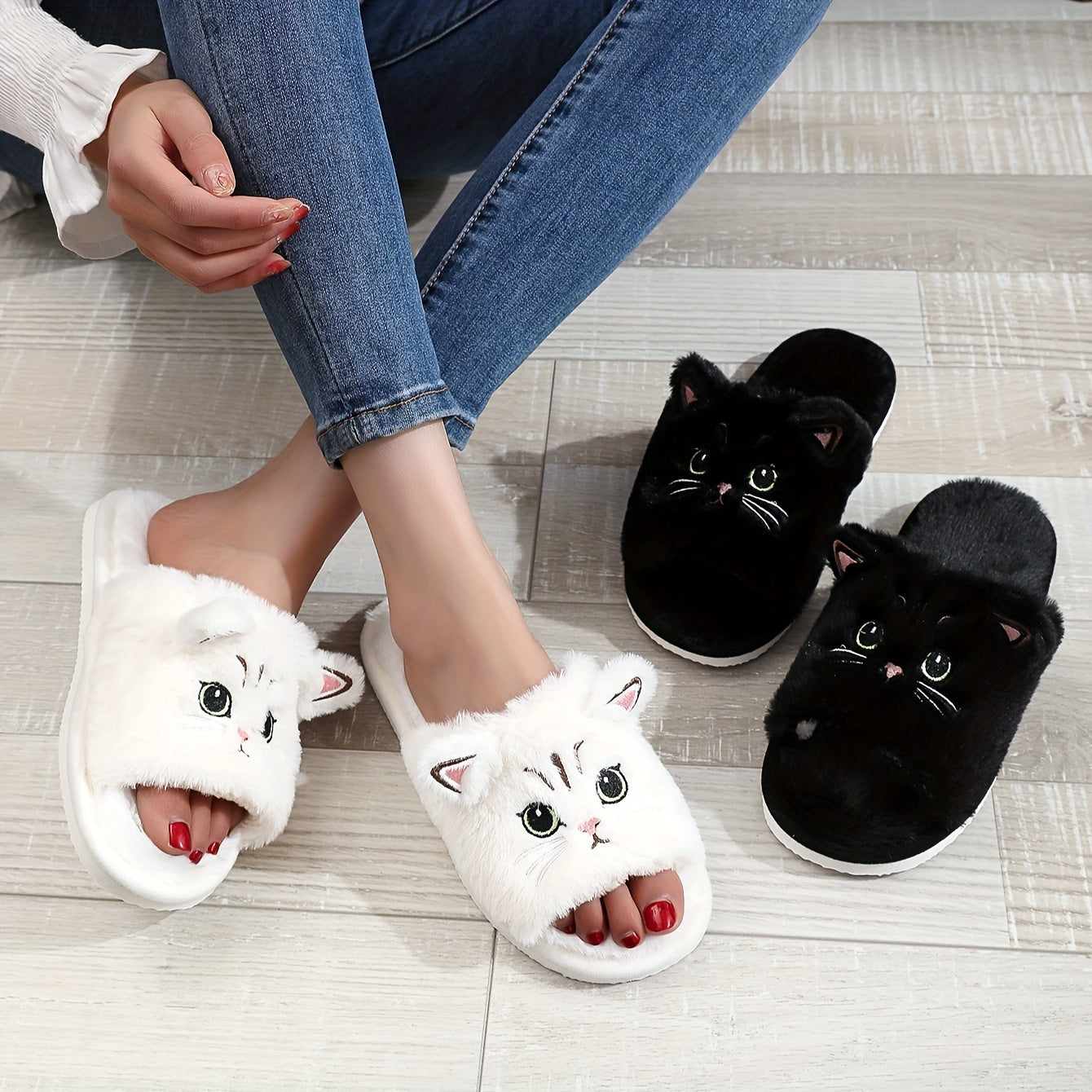 Cute & Soft Plush Cat Slippers, Winter Fuzzy Warm Non-Slip Indoor Bedroom Footwear, Comfy Cozy Home Slides MyFave Boutique