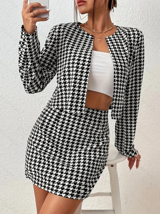 Elegant Houndstooth Cropped Blazer And Skirt Set - Women'S Fashion, Polyester Blend, Knit Fabric, No Collar, All Seasons, 1 Blazer + 1 Skirt MyFave Boutique