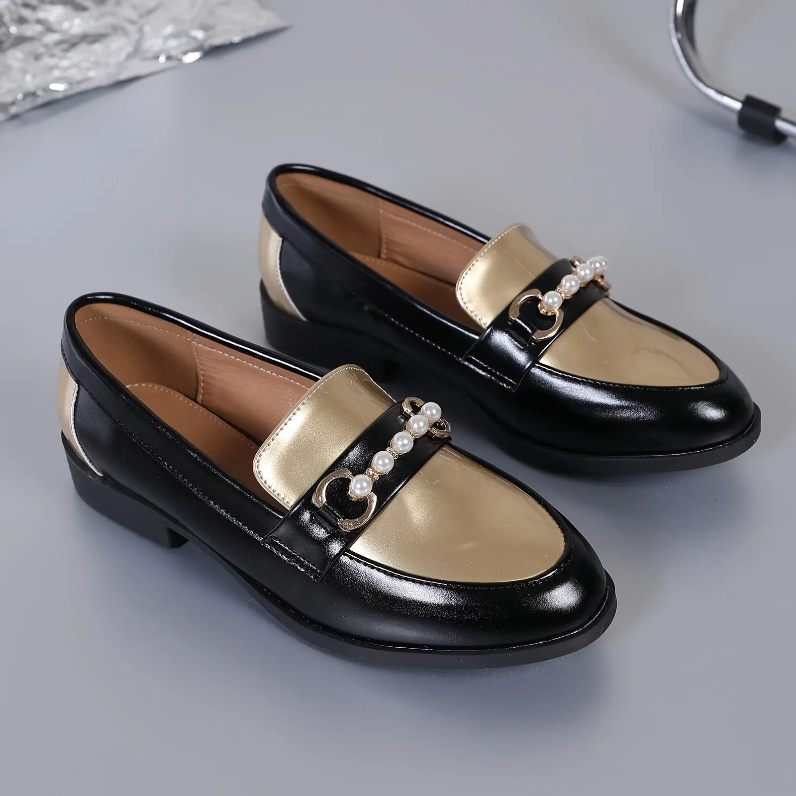 Vintage Pearl Buckle Penny Loafers for Women, Lightweight Slip-On Casual Shoes with All-Season TPR Sole MyFave Boutique