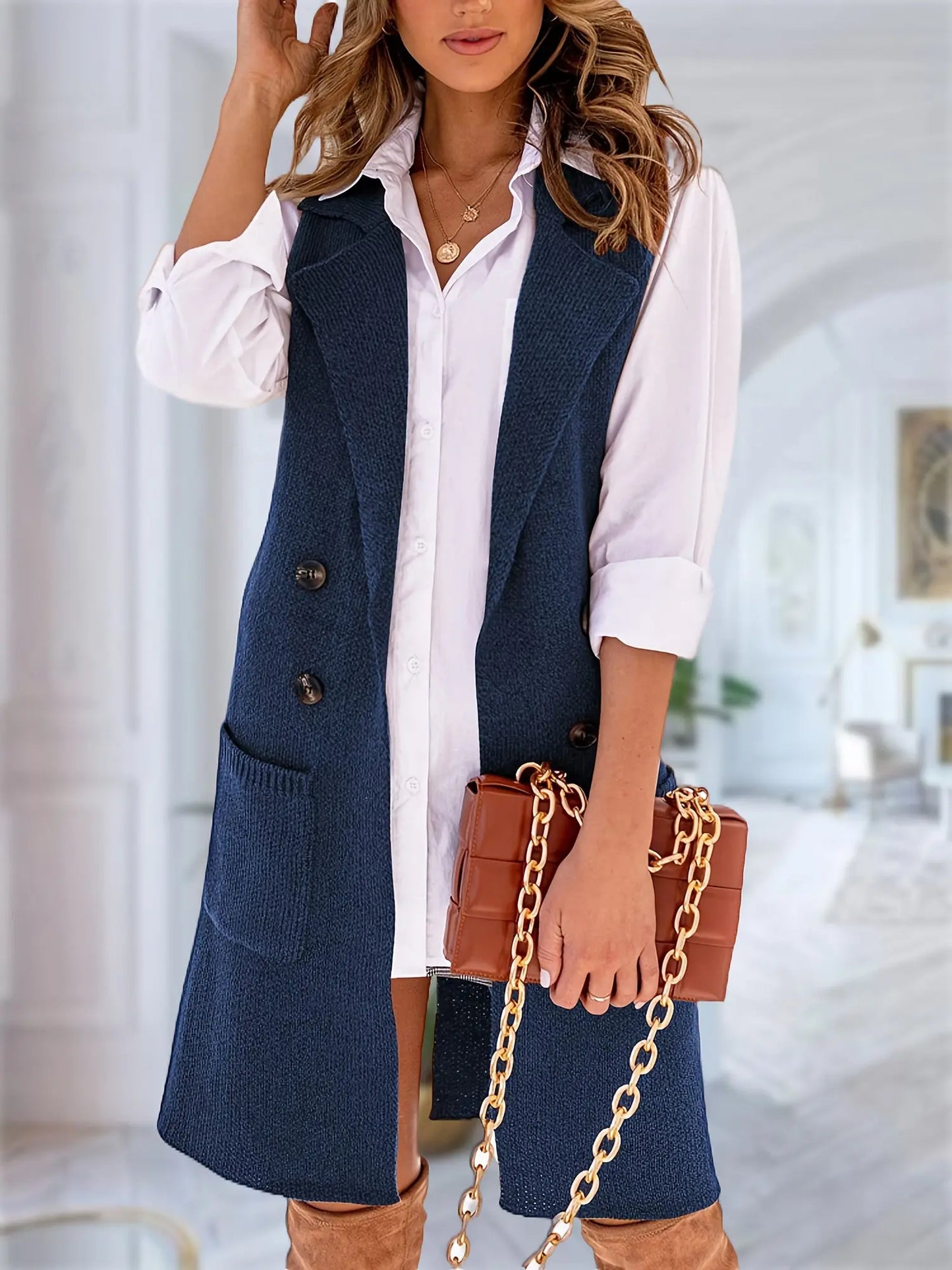 Women's Solid Color Sleeveless Cardigan with Lapel and Patched Pockets, Double-breasted Design, Ideal for Fall and Winter MyFave Boutique