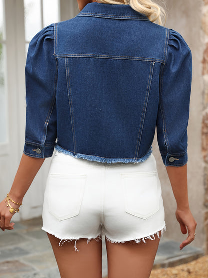 Women's Elegant Denim Jacket With Puff-Sleeves, Classic Button-Up Jean Outerwear, Chic Cropped Coat For Casual Style MyFave Boutique