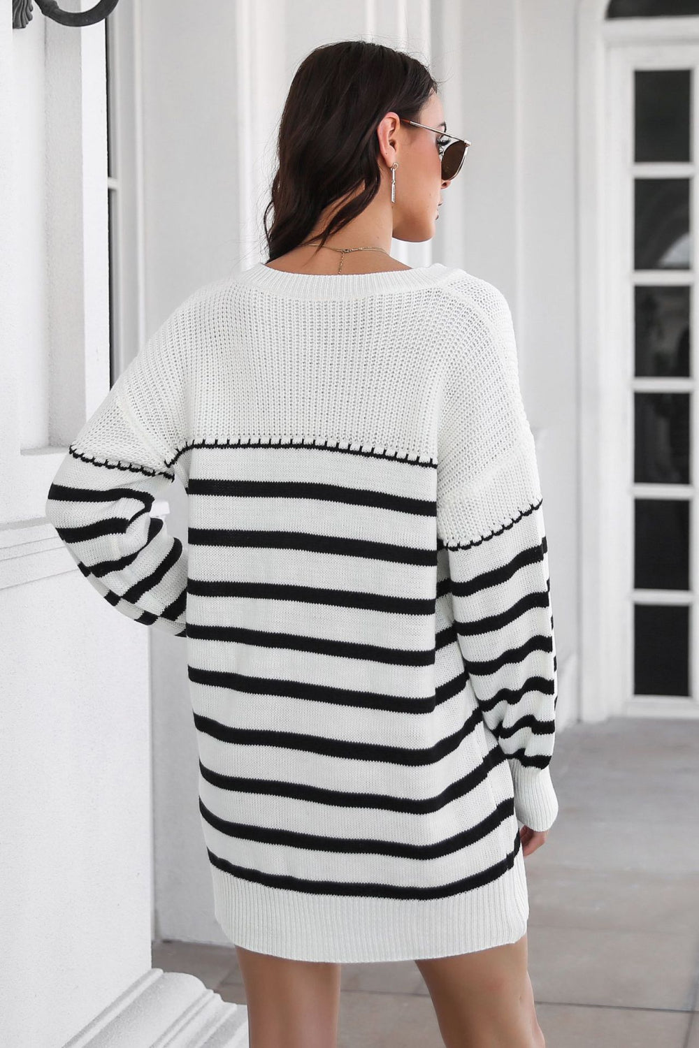 Striped V-Neck Drop Shulder Sweater Dress Trendsi