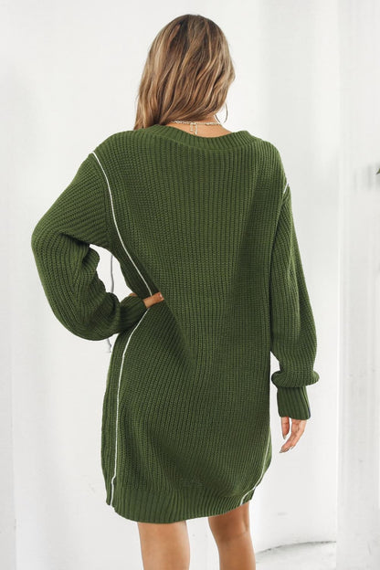 Contrast V-Neck Sweater Dress Trendsi