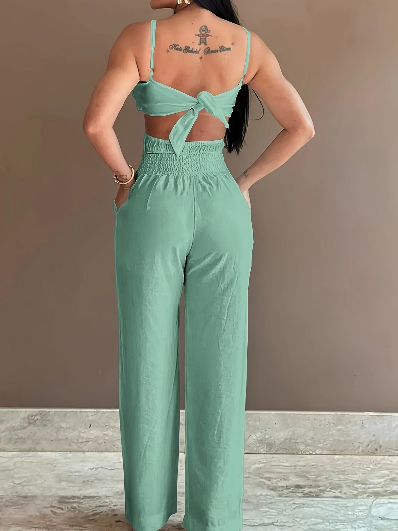 Solid Color Slant Pockets Jumpsuit, Elegant Knotted Back Sleeveless 3D Flower Craft Design Spaghetti Strap Jumpsuit For Spring & Summer, Women's Clothing MyFave Boutique