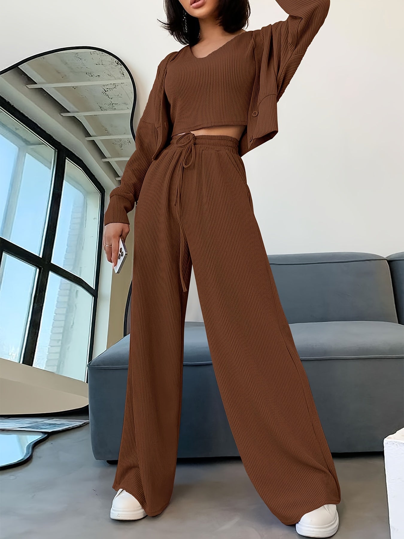 Elegant Solid Color Ribbed Three Pieces, V Neck Crop Tank Top & Button Front Long Sleeve Cardigan & Drawstring High Waist Wide Leg Pants Outfits, Women's Clothing MyFave Boutique