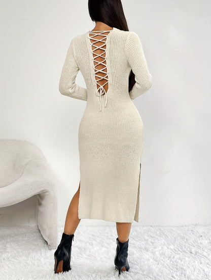 Lace Up Crew Neck Sweater Dress, Elegant Long Sleeve Slim Fit Split Dress For Fall & Winter, Women's Clothing MyFave Boutique