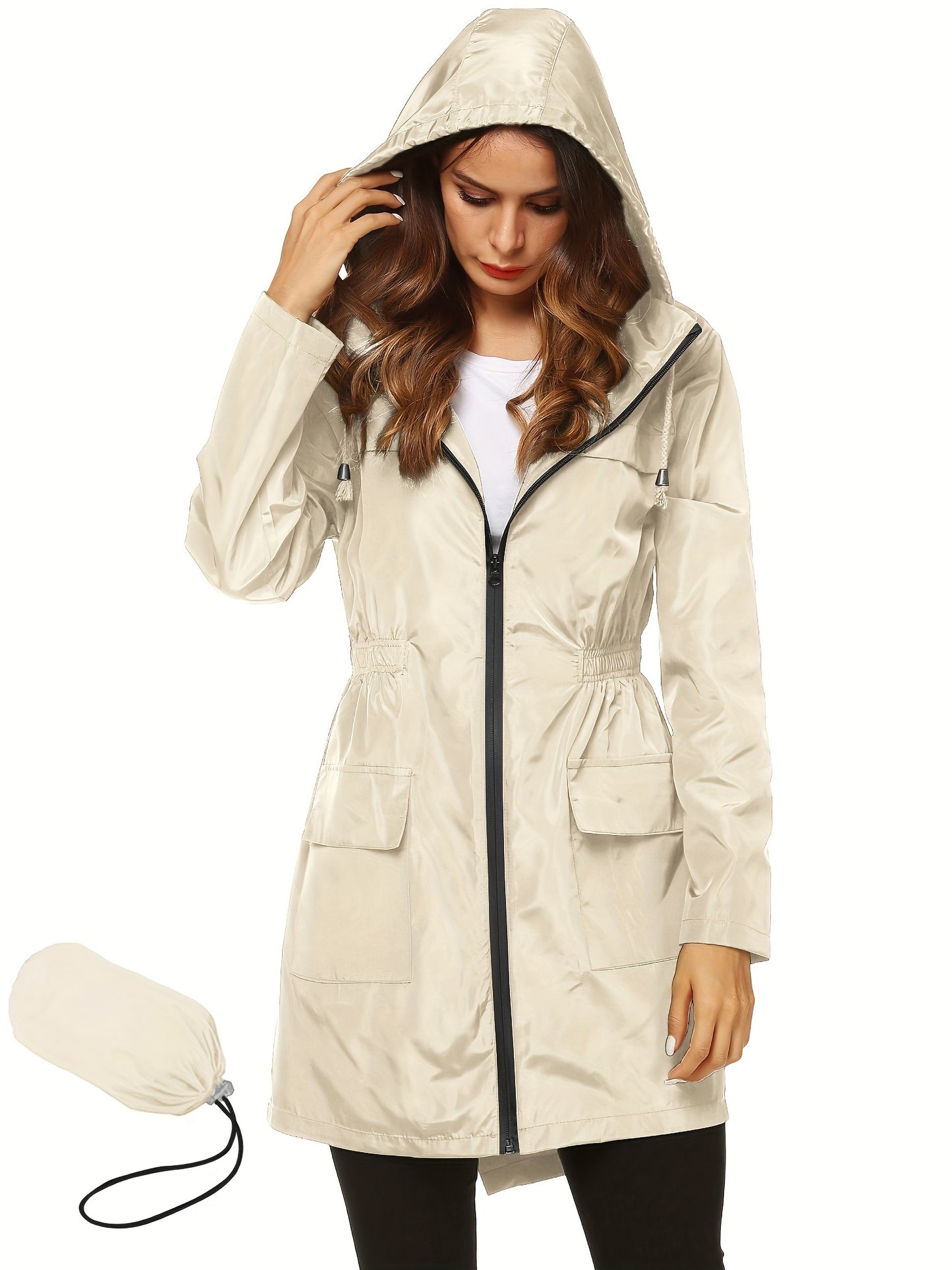 Solid Drawstring Zipper Front Raincoat, Casual Flap Pockets Split Elastic Waist Long Sleeve Hooded Lightweight Raincoat For Spring & Fall, Women's Clothing MyFave Boutique