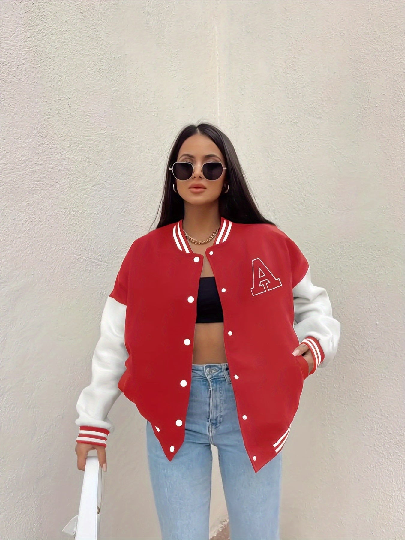 Women's Color Block Letter Print Bomber Jacket - Casual Crop Jacket with Button Front Pockets MyFave Boutique