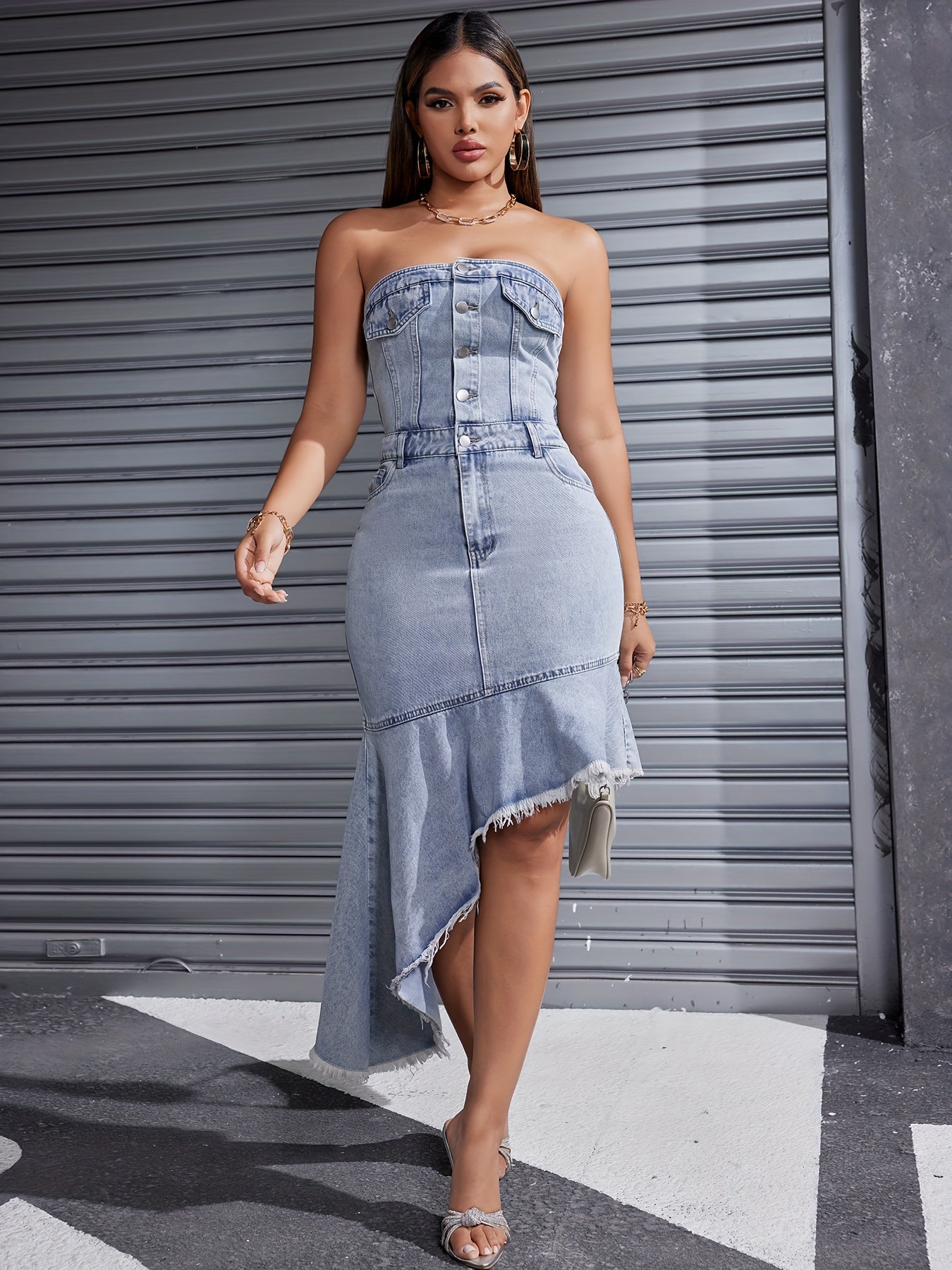 2024 Women's Sexy Denim Dress Sleeveless Halter Irregular Denim Dress Women's Casual Sleeveless Dress Off-the-shoulder Denim Dress MyFave Boutique