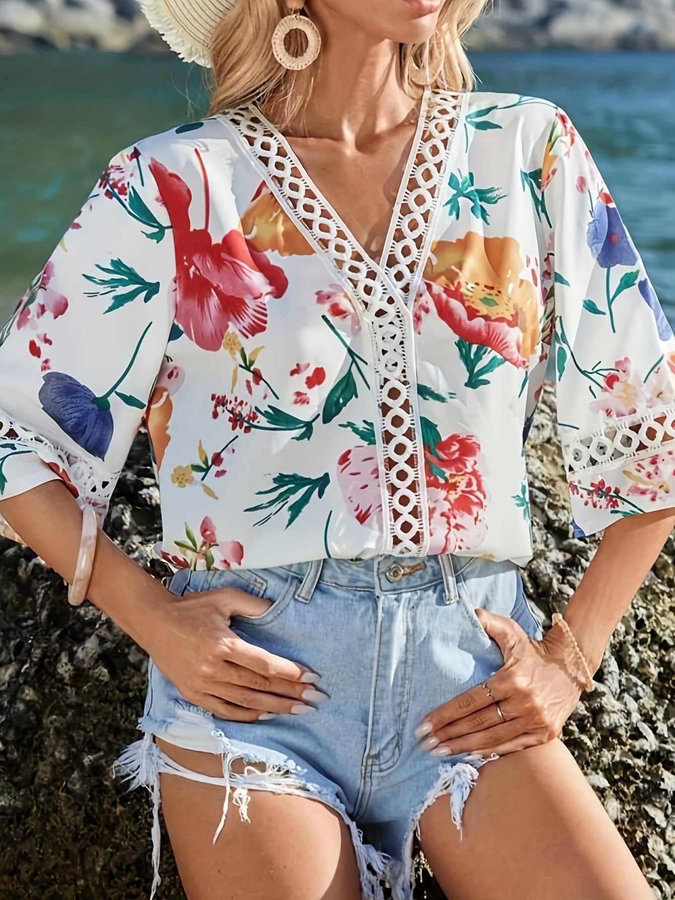 Floral Print V Neck Blouse, Elegant Loose Half Sleeve Blouse For Spring & Fall, Women's Clothing MyFave Boutique