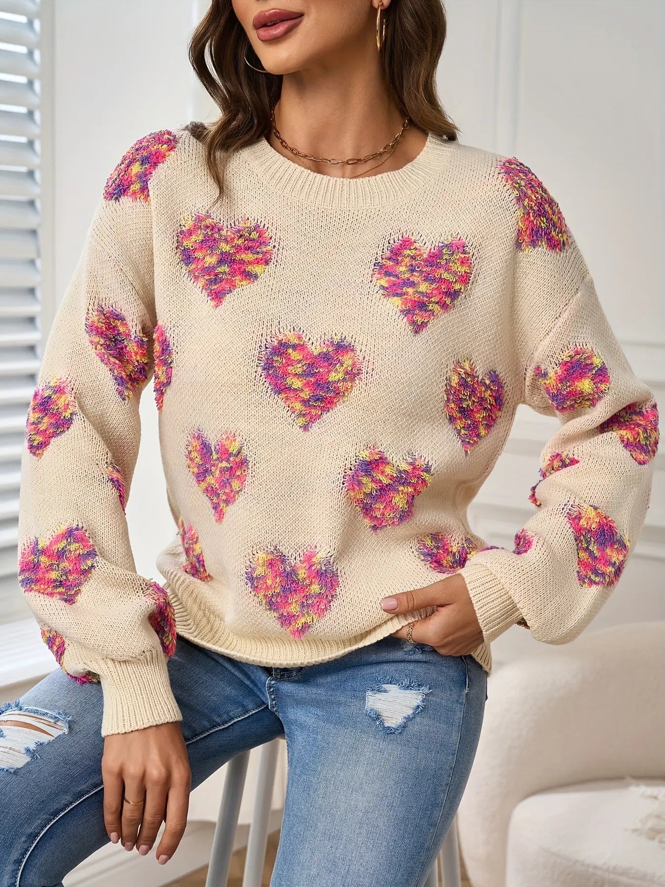 Elegant Crew Neck Heart Pattern Lantern Sleeve Pullover Sweater - 100% Acrylic Medium Stretch Fabric, Fall/Winter Collection Women's Knitwear MyFave Boutique