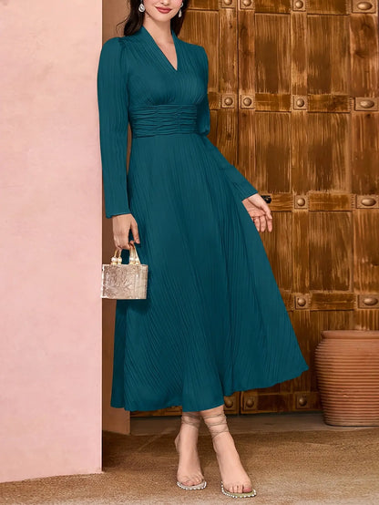 Elegant Long Sleeve Solid Textured Midi Dress with Ruched V-neck for Women, Perfect for Spring and Fall MyFave Boutique