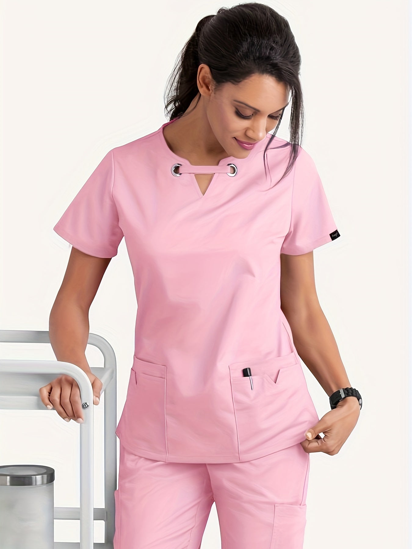 Solid Two-piece Set, Elegant V Neck Short Sleeve Scrub Top & Drawstring Pants Outfit For Medical & Health Care, Women's Clothing MyFave Boutique