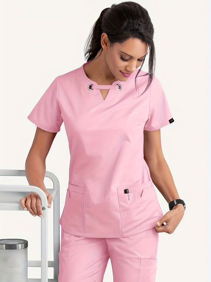 Solid Two-piece Set, Elegant V Neck Short Sleeve Scrub Top & Drawstring Pants Outfit For Medical & Health Care, Women's Clothing MyFave Boutique