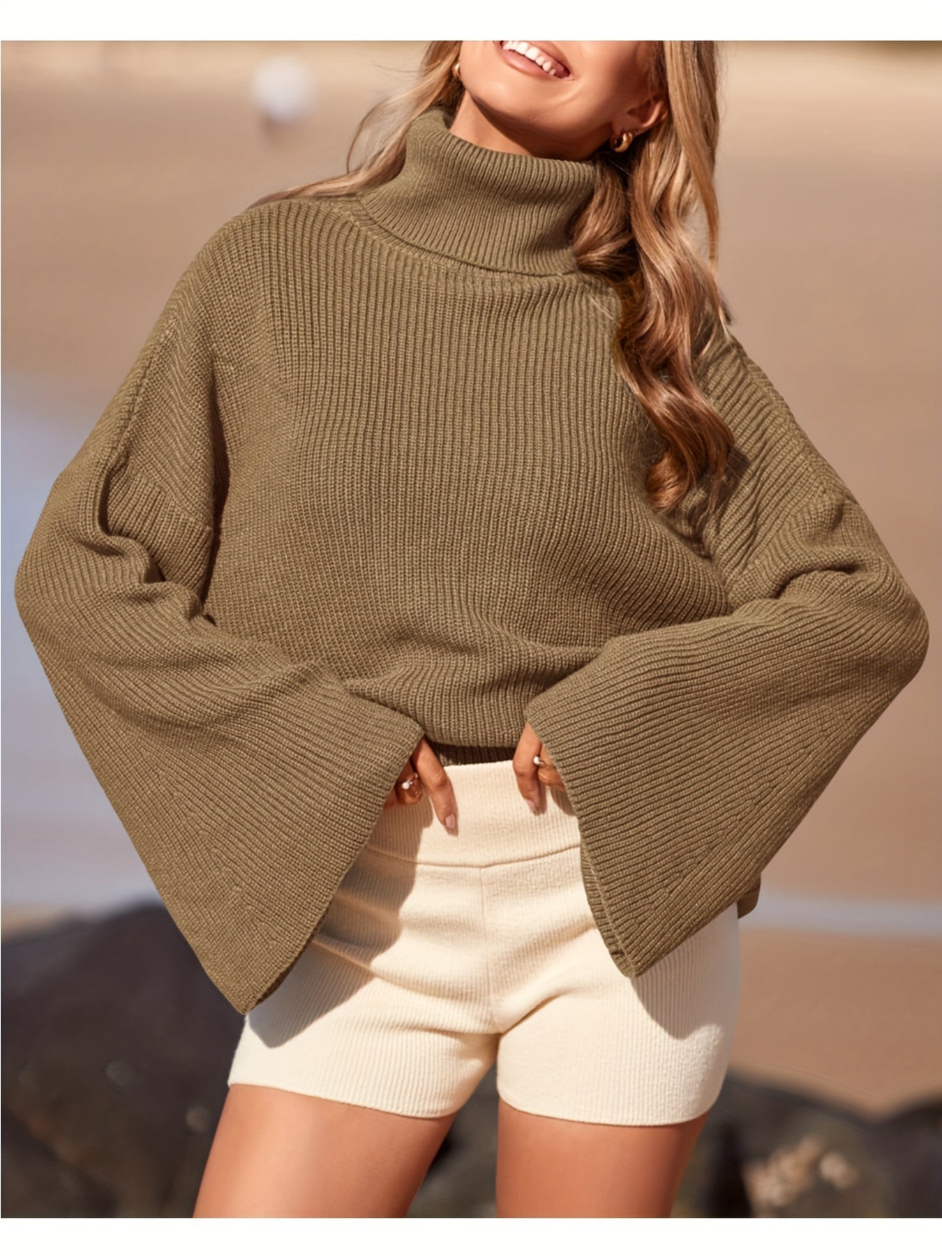 Solid Color Turtle Neck Pullover Sweater, Elegant Flared Long Sleeve Ribbed Knitted Sweater For Fall & Winter, Women's Clothing MyFave Boutique