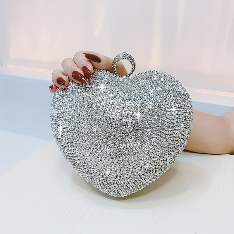 Sparkling Rhinestone Heart Evening Bag, Elegant Shiny Dinner Clutch Purse MyFave Boutique