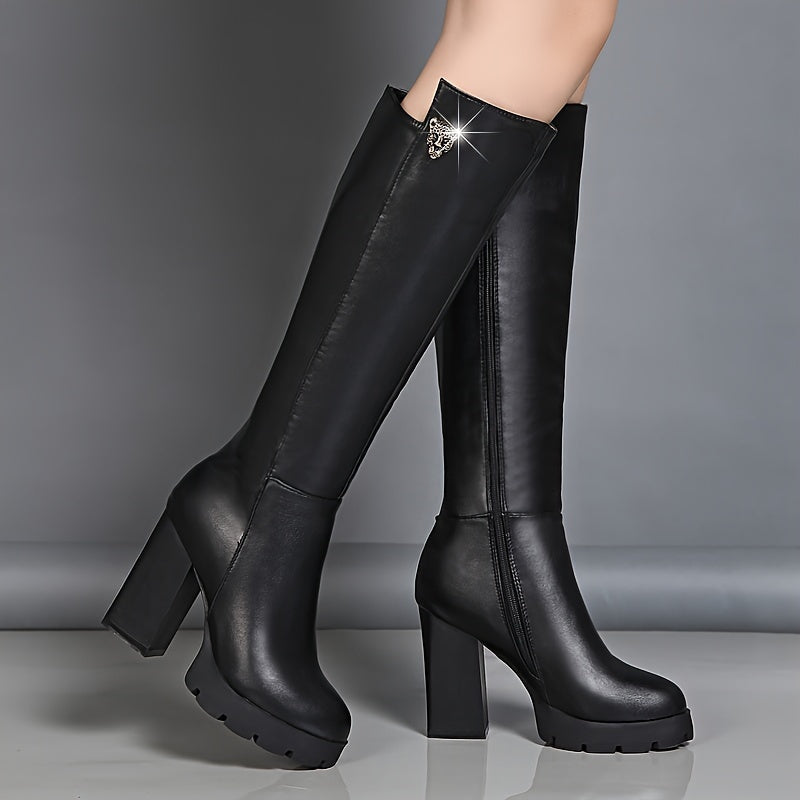 Women's Block Heeled Knee High Boots, Fashion Side Zipper Dress Boots, Women's Stylish Western Long Boots MyFave Boutique