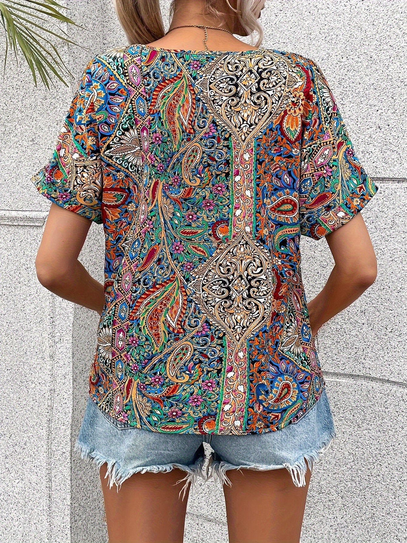 Paisley Print V-neck Loose Blouse, Vintage Short Sleeve Blouse For Spring & Summer, Women's Clothing MyFave Boutique