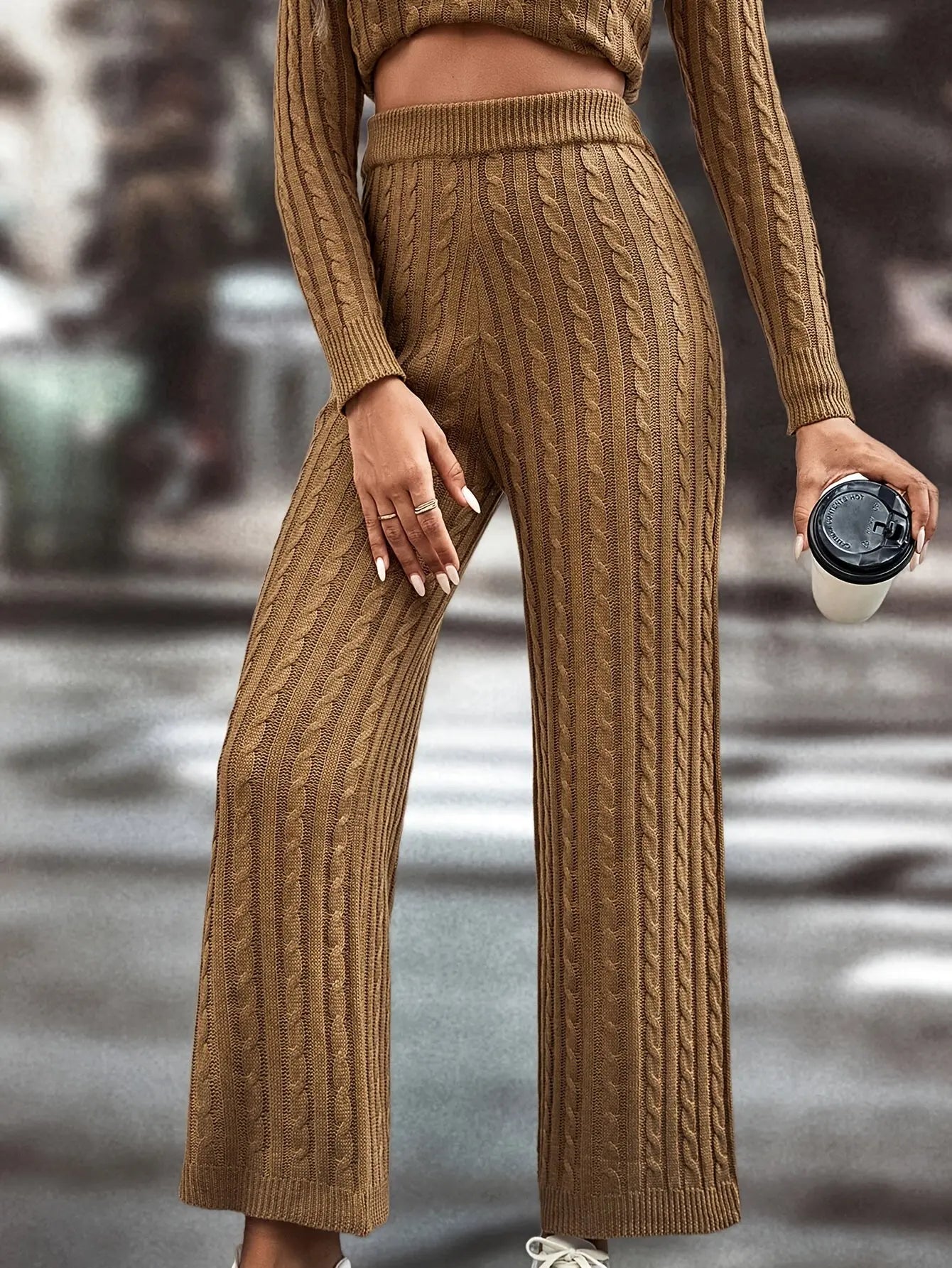 Elegant Cable Knit Pantsuits, Mock Neck Long Sleeve Split Pullover Sweater & High Waist Wide Leg Pants Outfits, Women's Clothing MyFave Boutique