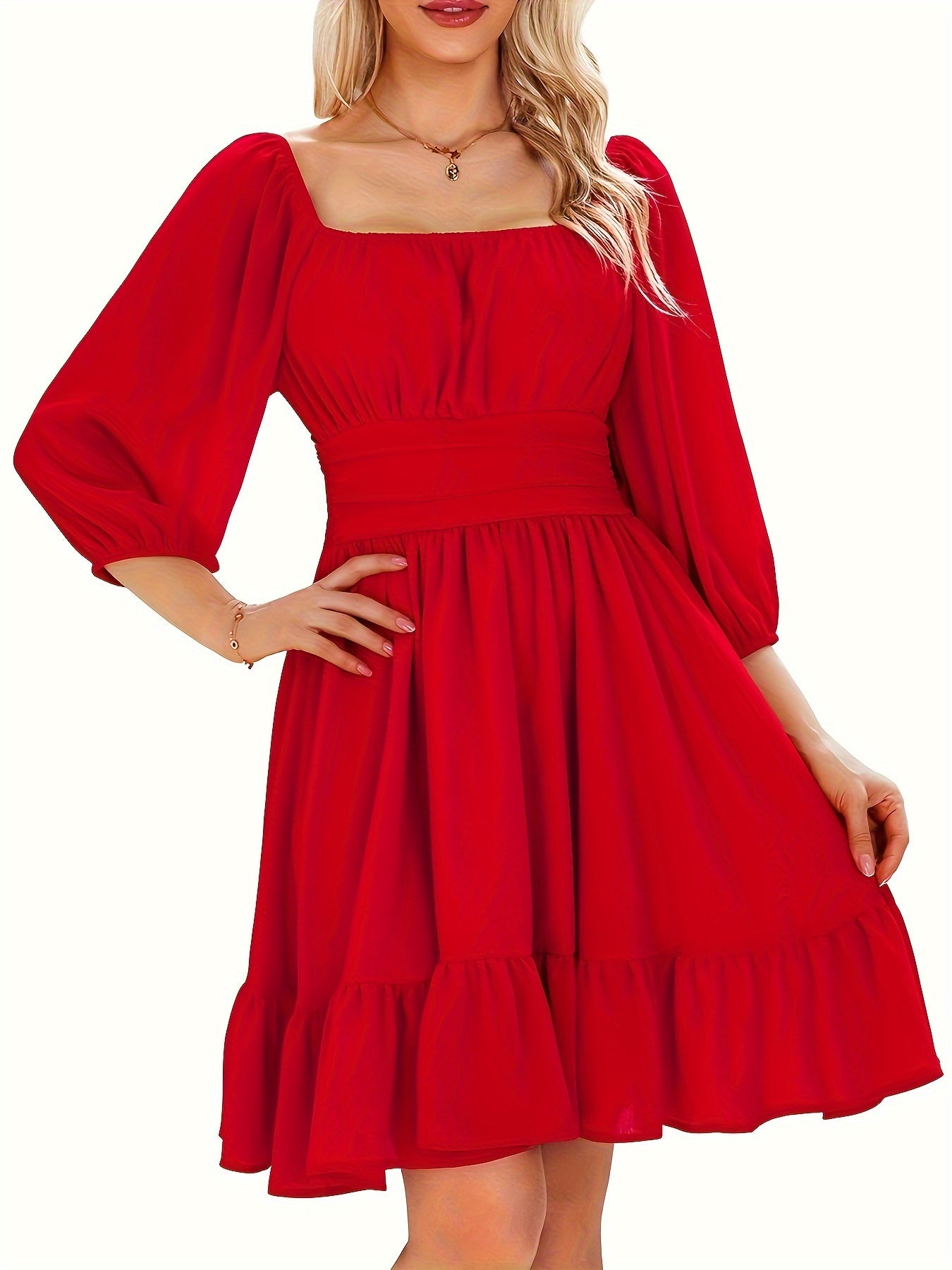 Square Neck Bow Backless Mini Dress with Cute Lantern Sleeves and Ruffle Hem - Women's Clothing MyFave Boutique