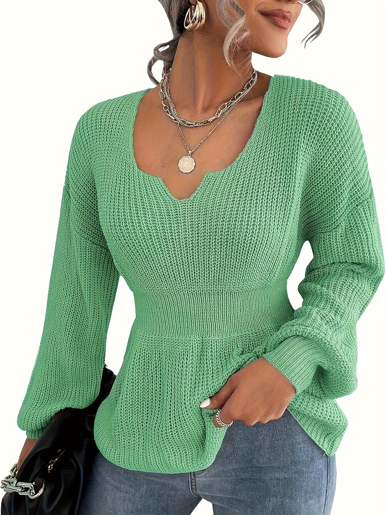 Womens V Neck Sweaters Fall Trendy Casual Long Lantern Sleeve Ribbed Knit Pullover Sweater Tops MyFave Boutique