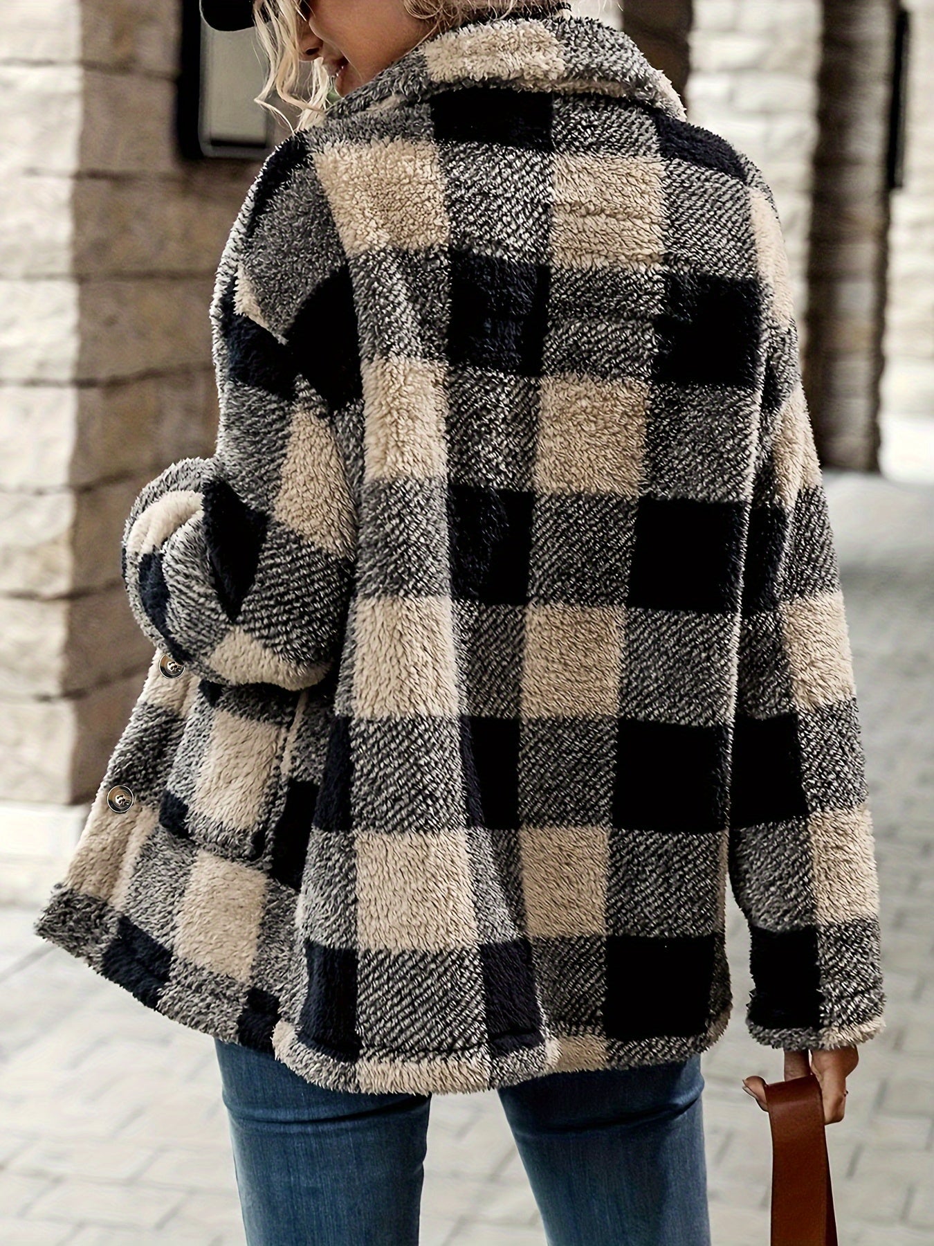 Plaid Pattern Button Fuzzy Lapel Coat, Elegant Thermal Long Sleeve Coat For Fall & Winter, Women's Clothing MyFave Boutique