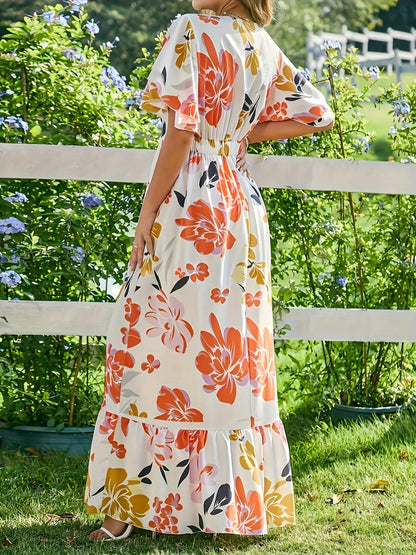 Floral Maxi Dress with Ruffle Hem and Flutter Sleeves - Elegant Women's Spring and Summer Dress MyFave Boutique