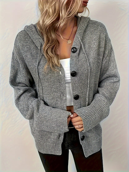 Women's Solid Knitted Drawstring Hooded Cardigan - Relaxed Button Front Long Sleeve Jacket for Fall/Autumn MyFave Boutique