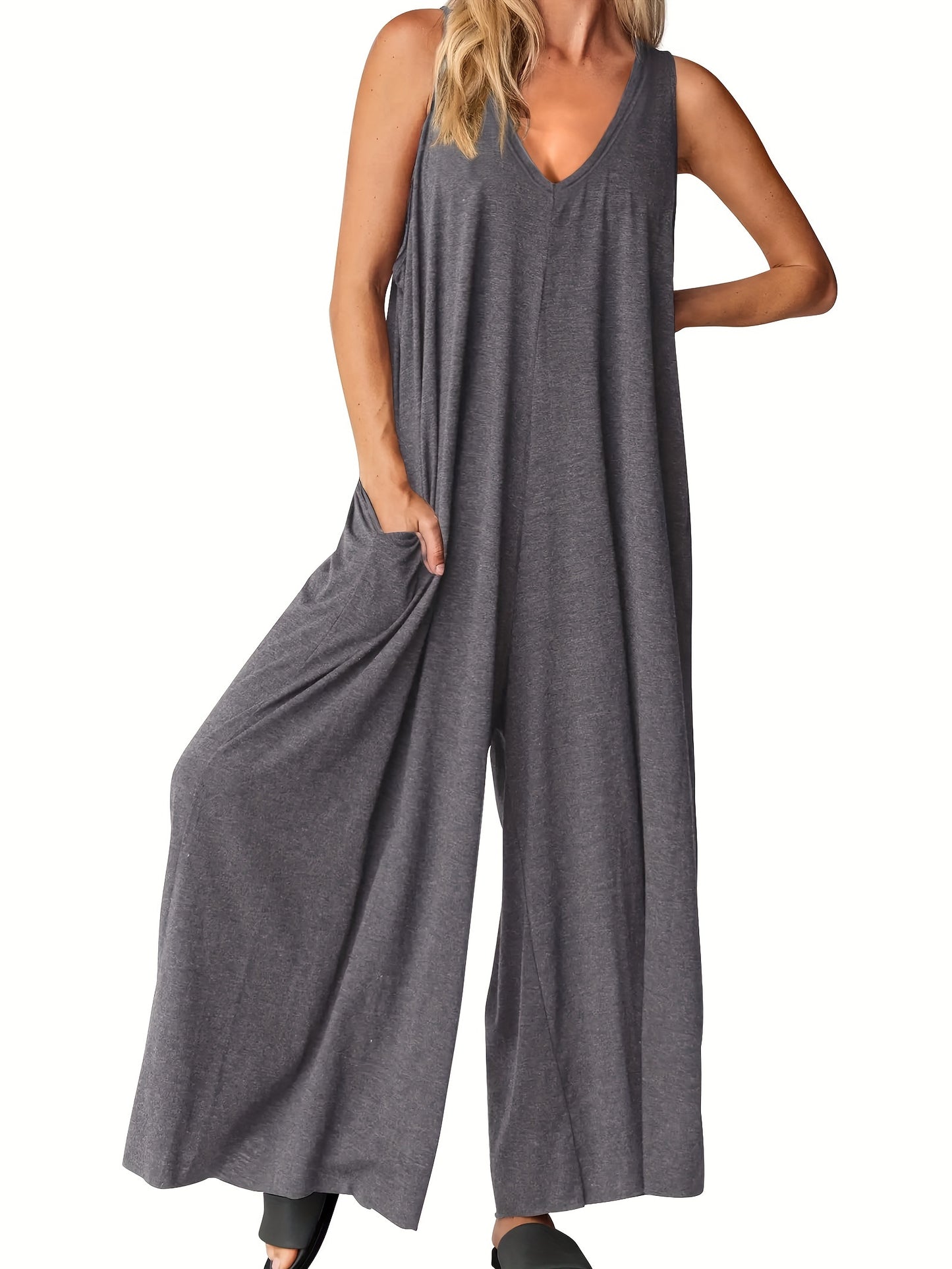 Solid Color Wide Leg Jumpsuit, Casual V Neck Sleeveless Loose Jumpsuit With Pocket, Women's Clothing MyFave Boutique