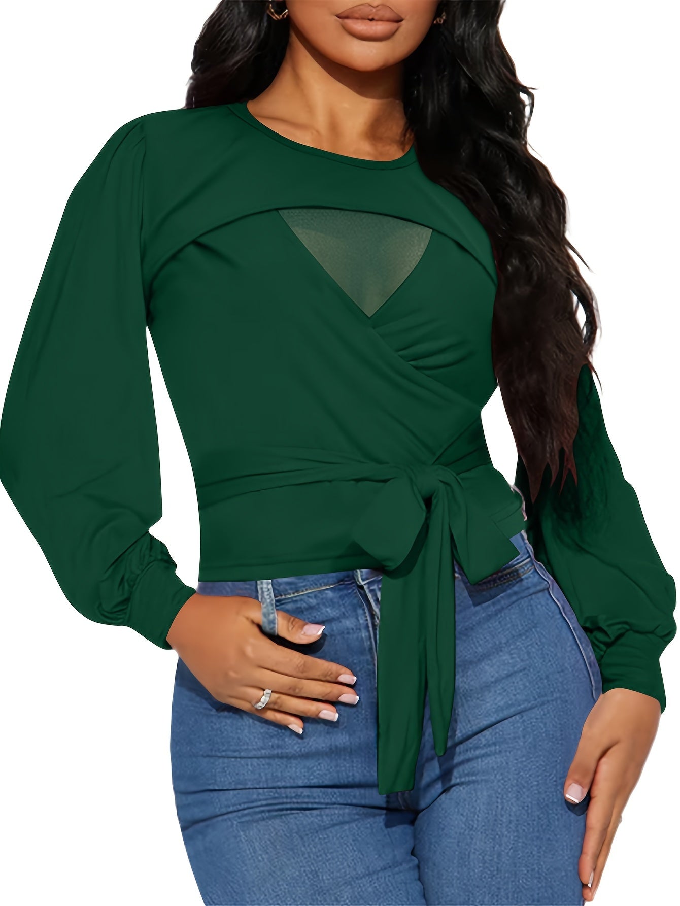 Women's Elegant Long Sleeve Mesh Blouse with Belted Waist - Casual Pullover Top MyFave Boutique