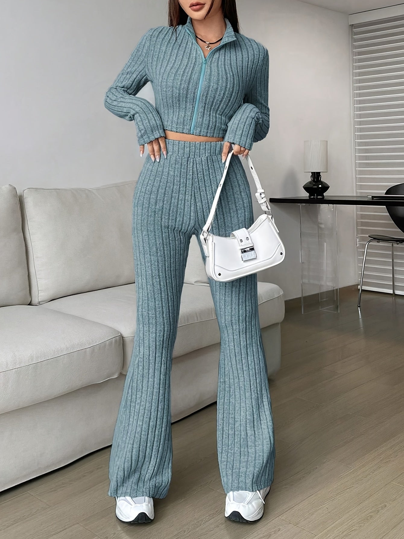 Rib Knit Solid Color Casual Pantsuits, Full Zip Long Sleeve Crop Outwear & High Waist Bootcut Leg Pants Outfits, Women's Clothing MyFave Boutique