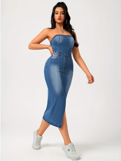 Plain Washed Blue Split Front Bandeau Zipper Bodycon Midi Denim Dress, Women's Denim Jeans & Clothing MyFave Boutique