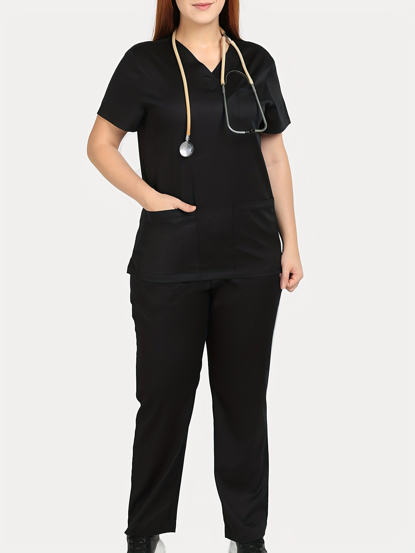 Functional Two-piece Set, V Neck Short Sleeve Pockets Uniforms Top & Straight Leg Pants, Women's Clothings MyFave Boutique