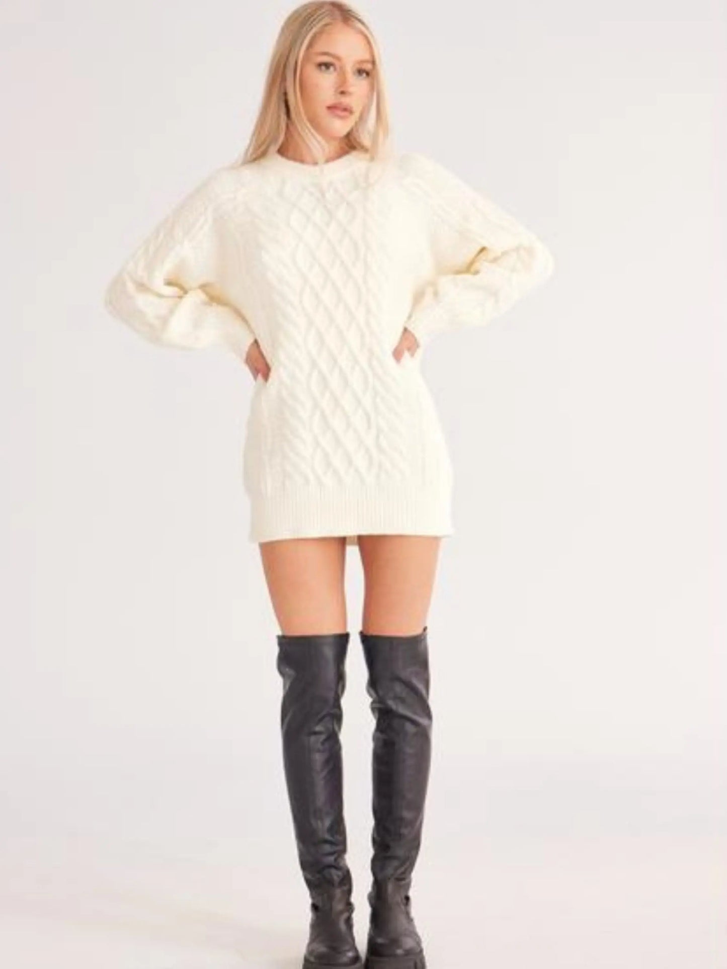 Cable Knit Crew Neck Sweater Dress, Casual Long Sleeve Mini Dress For Fall & Winter, Women's Clothing MyFave Boutique