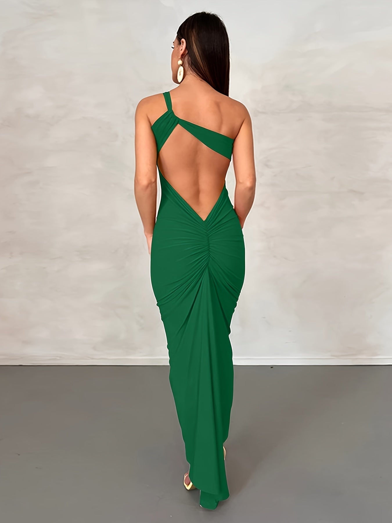 One Shoulder Ruched Cut Out Dress, Sexy Bodycon Maxi Dress For Party & Banquet, Women's Clothing MyFave Boutique