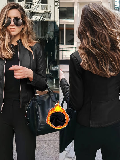 Women's Street Style Plush-Lined Stretchy Plain Black Color Coated Denim Jacket With Zipper Closure And Side Pockets For Fall & Winter MyFave Boutique