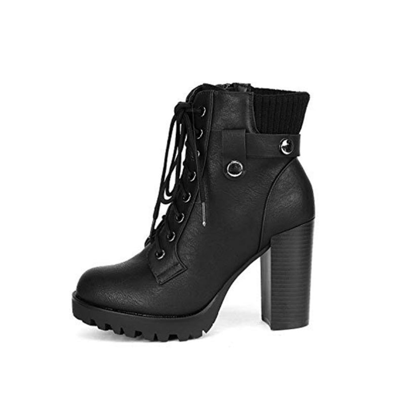 Women's Lace up Combat Ankle Boots, High Chunky Heel Fashion Heeled Booties Shoes MyFave Boutique